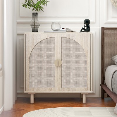 Elegant Rattan Storage Cabinet, 2-Door Buffet Sideboard with Solid Pine Wood Feet for Bedroom, Living Room, Study - ModernLuxe