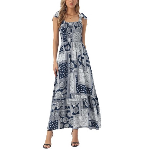 Женские платья INSPIRE CHIC Women's Square Neck Sleeveless Elastic Waist A-Line Maxi Dress Medium Navy Blue