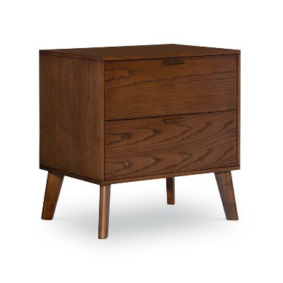 Reid Mid-Century Modern Wood 2 Drawer Nightstand Chest Walnut - Linon: Bronze Hardware, Tapered Legs, Ash Veneer