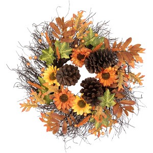 Northlight Sunflowers and Pine Cones Fall Artificial Thanksgiving Wreath, 24-Inch, Unlit - 1 of 4