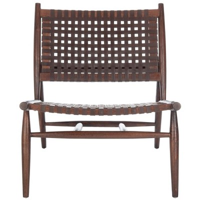 Transitional Brown Leather and Sungkai Wood Armless Accent Chair