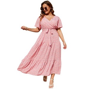 Coolmee Women Summer Maxi Dress Plus Size V Neck Wrap Floral Print Short Sleeves Ruffle Tiered Dress with Belt - 1 of 4