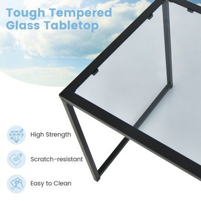 Black Tempered Glass and Metal Square Side Table