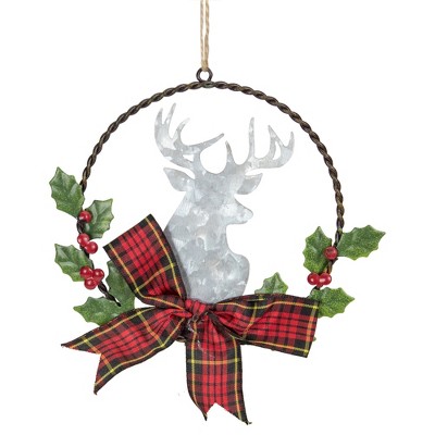 Northlight 5.5" Wreath and Galvanized Moose Christmas Ornament with Plaid Bow