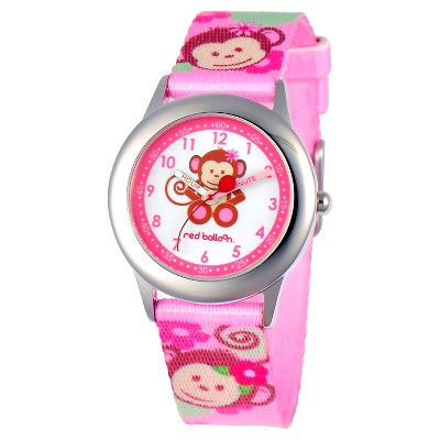 Disney Girls' Red Balloon Pretty Girl Monkey Stainless Steel Time Teacher Watch - Pink