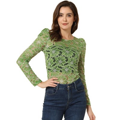 INSPIRE CHIC Women's Vintage Semi-Sheer Puff Long Sleeve Embroidery Lace Floral Blouse