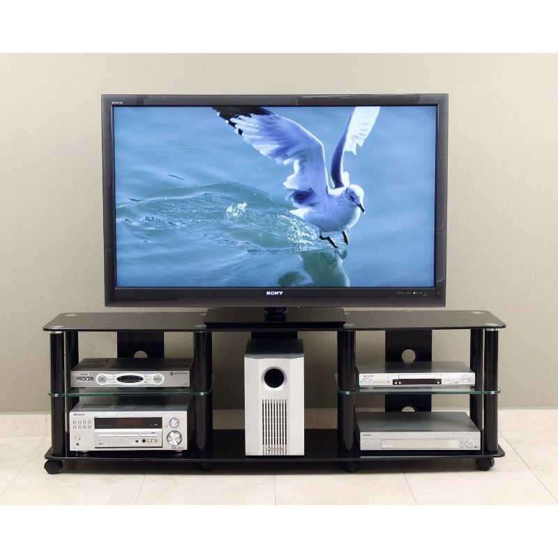TransDeco 70Inch gloss black tempered glass TV stand with high gloss black finish metal poles, 2 of 3