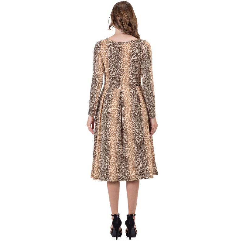 24seven Comfort Apparel Animal Print Long Sleeve Pleated Midi Dress with Pockets, 3 of 5