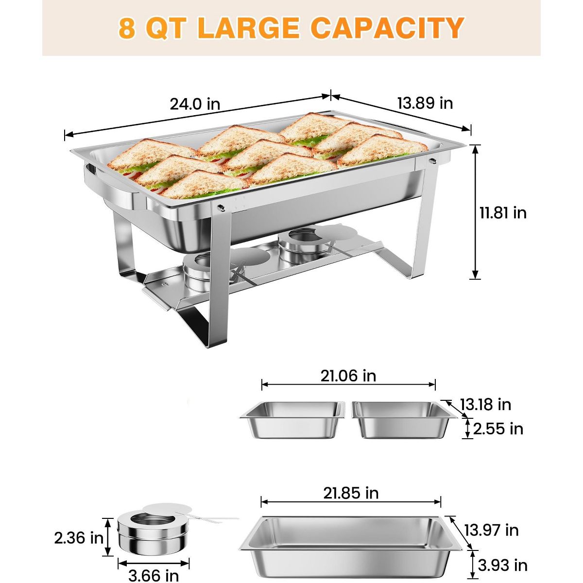 8QT Stainless Steel Chafing Dish Buffet Set – Food Warmers with Water Pan, Folding Frame, Lid Holder, Tweezers – Catering Chafer for Parties,Weddings - thumbnail 2