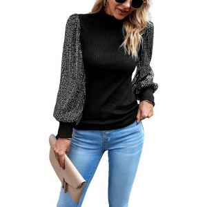 Coolmee Women's Turtleneck Tops Puff Sleeve Shiny Sequins Ribbed Blouses Knit Casual Fall Shirts - 1 of 4