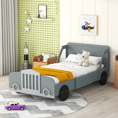 ALEXOUN Car-Shaped Bed with Wheels,Kids Bed with Headboard & Footboard,Wood Platform Bed Frame,for Kids Boys Girls