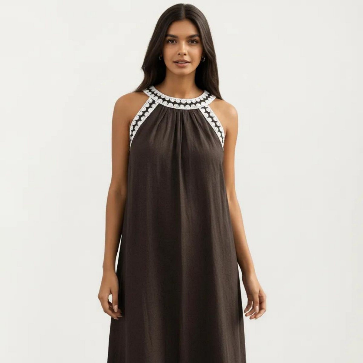 Женские платья Anna-Kaci Women's Sleeveless Halter Neck Maxi Dress with Contrast Trim Detail and Relaxed Flowy A-Line Silhouette Design - X Large, Brown — фото 5