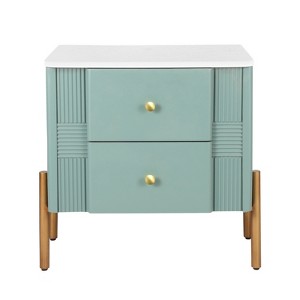 Vynxaria Modern Nightstand - 2 Storage Drawers, Fluted Design, Golden Metal Handles/Legs, Anti-Tip Bracket, Bedroom/Living Room End Table,Green - 1 of 4