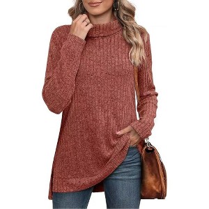 Coolmee Women's Tunic Tops Turtleneck Long Sleeve Shirts Oversized Fall Sweaters Side Split High Low Hemline - 1 of 4