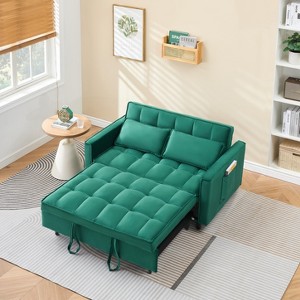 Racxily 3 in 1 Convertible Sleeper Sofa Bed, Velvet Futon Couch, Loveseat Lounge Sofas with Toss Pillows&Side Pockets, Adjustable Backrest, Green - 1 of 4