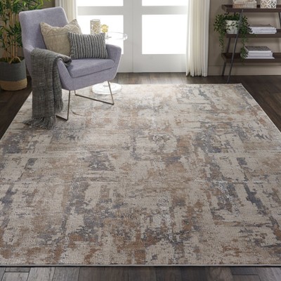 Grey and Beige Abstract Synthetic Rectangular Rug 9'3" x 12'9"