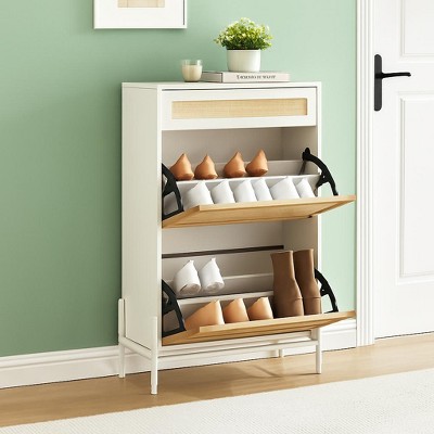 2 Flip Drawers Shoes Storage Cabinet Rattan Shoe Organizer with Metal Legs Freestanding Narrow Shoe Rack Cabinet for Entryway
