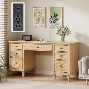 Brafab 7-Drawer Rattan Writing Desk with Storage Shelf & Power Outlets,Computer Desk with 5 Drawers and Office Desk for Home Office Workstation - 1 of 4