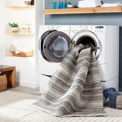 Hand-knotted Black and White Wool Cotton Stripe Area Rug 6'7" x 9'