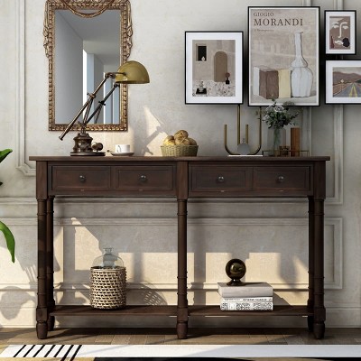 Espresso Console Table with 2 Storage Drawers and Bottom Shelf, Narrow Entryway Table for Hallway or Living Room-The Pop Home