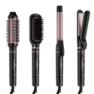 NICEBAY 4-in-1 Hair Tool set - Hair Straightening Brush, Thermal Brush, Flat Iron & 1" Ceramic Curling Iron, 5 Temps, Fast Heating, Dual Voltage - 1 of 4
