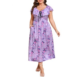 Women's Plus Size Maxi Dress Flutter V Neck Sleeveless Flowy Boho Floral Print Summer Casual Wedding Party Formal Dresses - 1 of 4