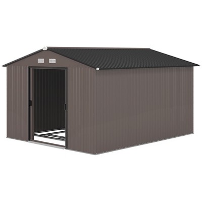Outsunny 11' x 9' Brown Metal Storage Shed Kit with Windows