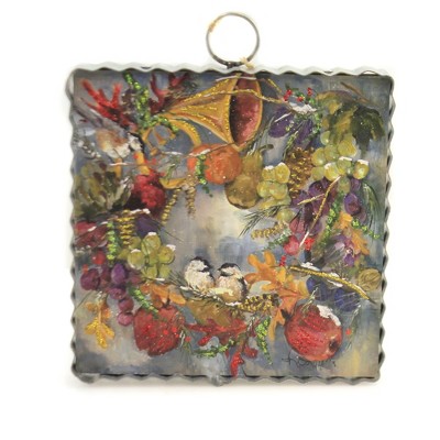 Thanksgiving 6.0" Mini Wreath Of Bounties Print Birds Fruit Horn Leaves  -  Wall Sign Panels