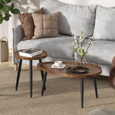 2PCS Mid-Century Coffee Table Set Solid Wood Nesting Tables Accent Droplet Shape