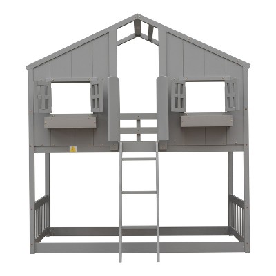 NicBex Twin Over Twin House Bunk Bed with Roof,Window,Ladder and Safety Guardrail for Kids,Girls,Boys