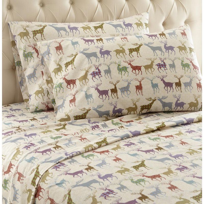Micro Flannel Shavel Durable & High Quality Luxurious Printed Sheet Set Including Flat Sheet, Fitted Sheet & Pillowcase, Twin - Colorful Deer, 1 of 4