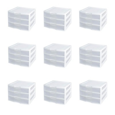 Sterilite Wide 3-Drawer Desktop Storage Organization Unit, White & Clear, 9-Pack