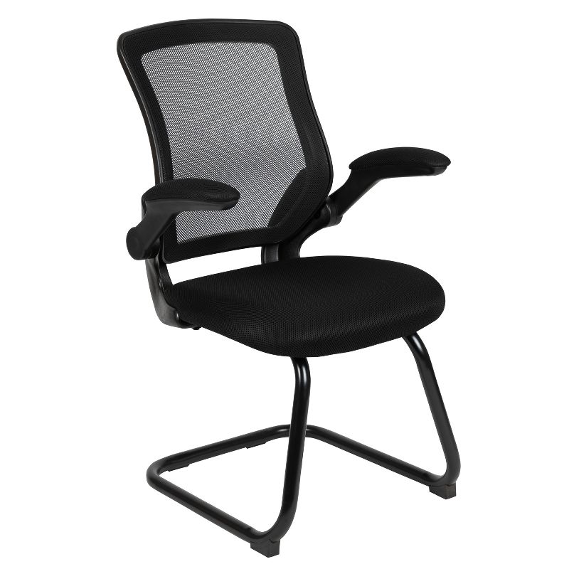 Emma and Oliver Black Mesh Sled Base Side Reception Guest Office Chair with Flip-Up Arms, 1 of 15