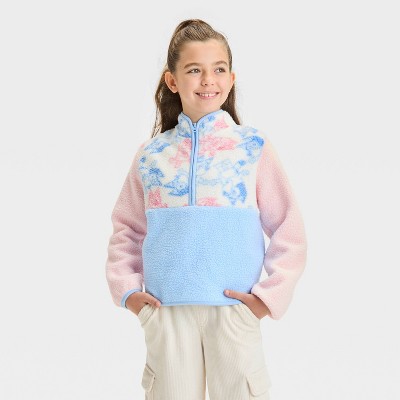 Girls' Bluey Faux Shearling Pullover Sweatshirt - Coral Pink/Light Blue/Ivory
