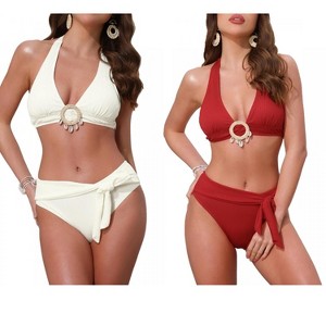 INSPIRE CHIC Women's O Ring Seashell Pendants Ribbed Halter Top Triangle Bottoms Swimwear Bathing Bikini Suits 2 Sets - 1 of 4