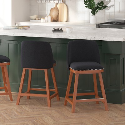 Charcoal Faux Linen 24" Counter Stools with Walnut Wood and Nailhead Trim, Set of 2
