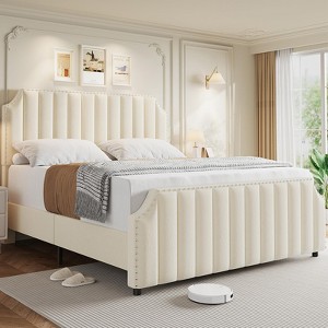 GOCAPTAIN Velvet Bed Frame, Vertical Channel Tufted Headboard and Footboard with Nailhead Trim, Upholstered Platform Bed, Strong Wooden Slats - 1 of 4