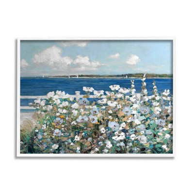 Stupell Industries Beautiful White Flower Bush Seaside Fence Ocean View Framed Giclee Art