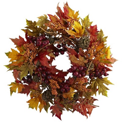 Nearly Natural 24” Maple And Berry Wreath : Target