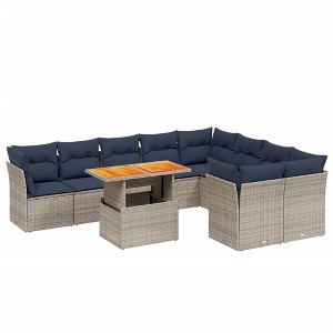 vidaXL 10 Piece Patio Sofa Set with Cushions Gray Poly Rattan - Gray and Navy Blue - 1 of 4