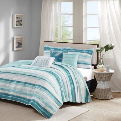 Sapphtopaz 6-Piece Watercolor Coastal Stripe Reversible Quilt Set, Printed Sheet Set with Throw Pillows, Sheets Bed Set for Women, Men, Kids & Teens