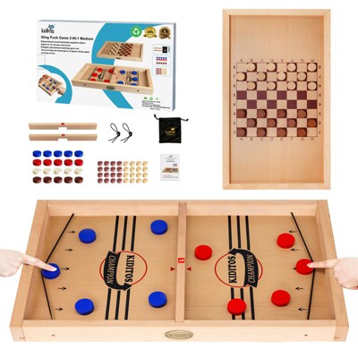 Kiditos 2-in-1 Wooden Fast Sling Puck Board Game with Checkers & Chess, Solid Wood Slingshot Tabletop Game for Kids & Adults