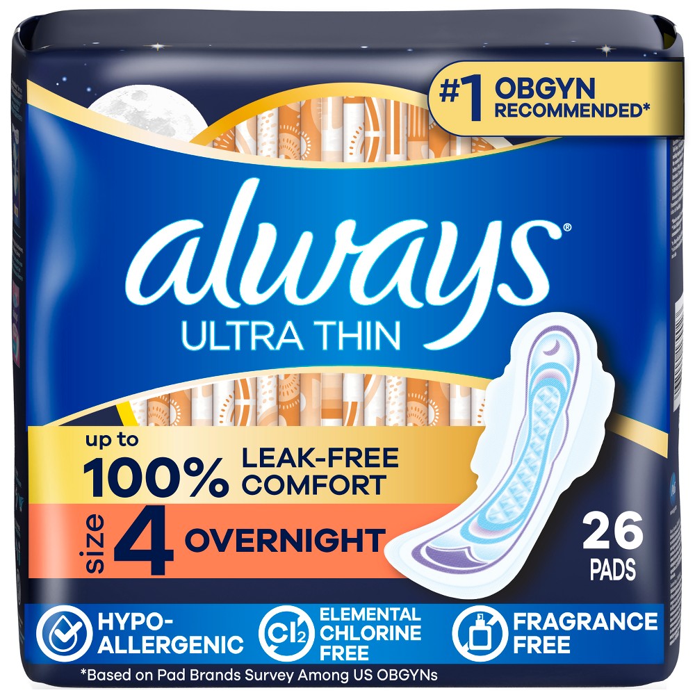 Always Ultra Thin Overnight Pads with Wings Unscented - Size 4 - 26ct