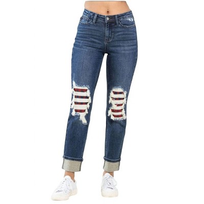 Women's Buffalo Plaid Destroyed Knee friend Jeans - Judy Blue