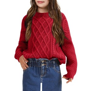 Girls Pullover Sweater Cable Knit Crew Neck Long Sleeve Sweater Knit Tops - 1 of 4