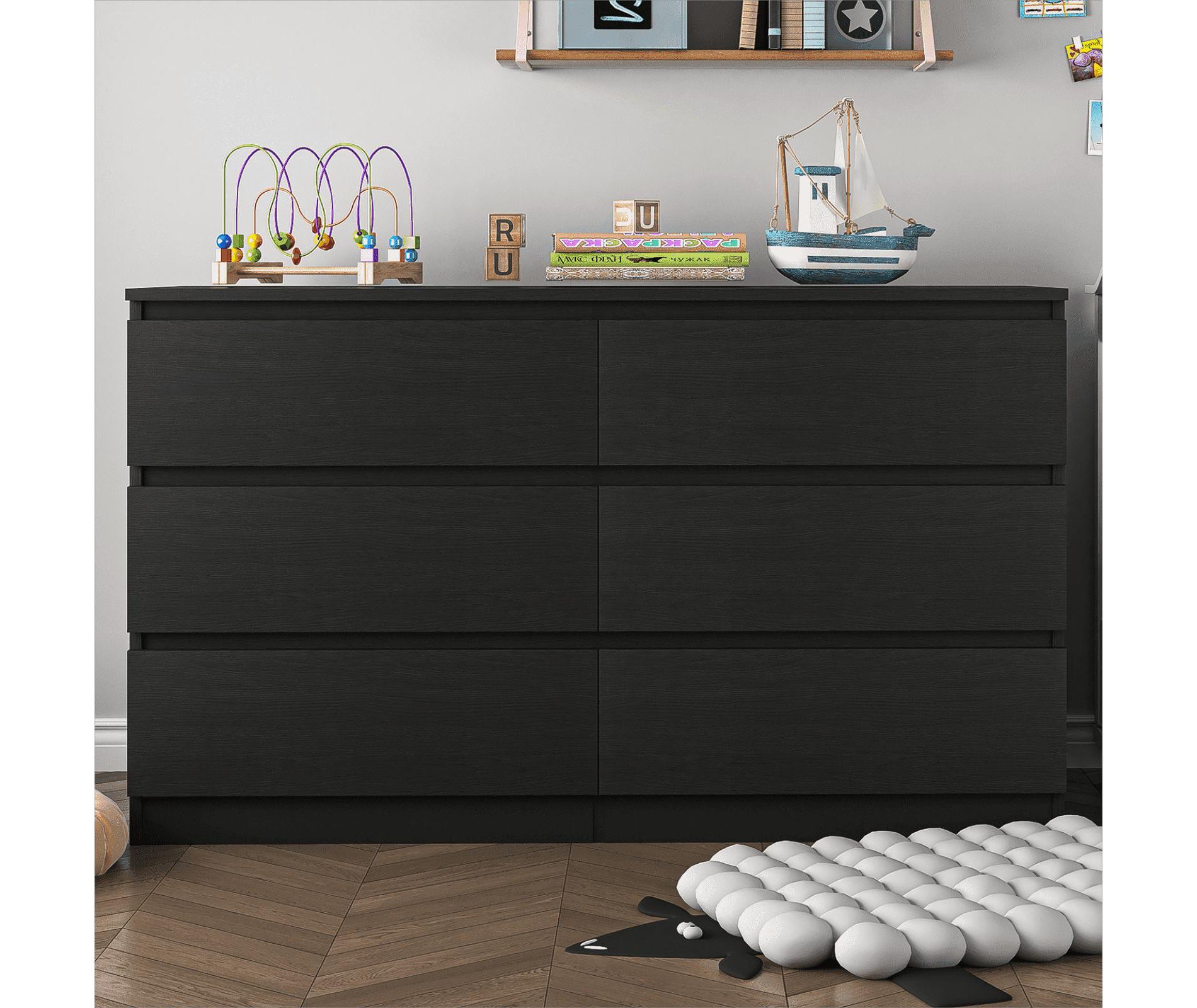 Resenkos 55" Storage Dressers Organizer for Bedroom, Wood 6 Drawers Dresser Chests, Black
