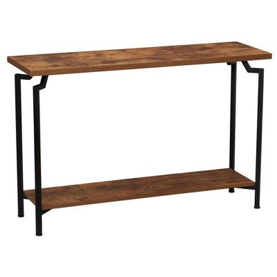 Crown Console Sofa Table with Storage Shelf Rustic Hickory Wood Grain and Black Metal
