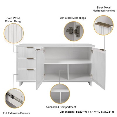 Granville 55" White Modern Buffet Sideboard with Ribbed Drawers