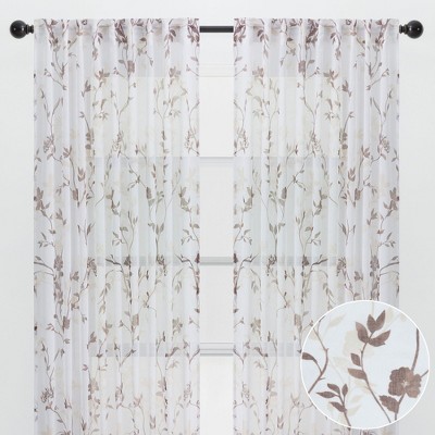 Brown Floral Sheer Polyester Window Curtain Panels, 52 x 108 Inches