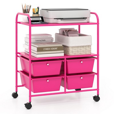 Tangkula 4-Drawer Rolling Storage Cart with 2 Shelves Mobile Utility Cart with Removable Drawers and Metal Frame with Lockable Wheels Pink